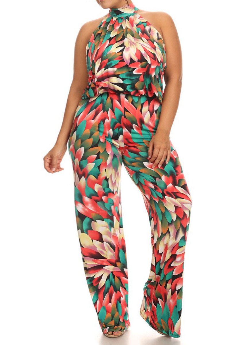 Plus Size Colorful Floral Sleeveless Relaxed Fit Jumpsuit