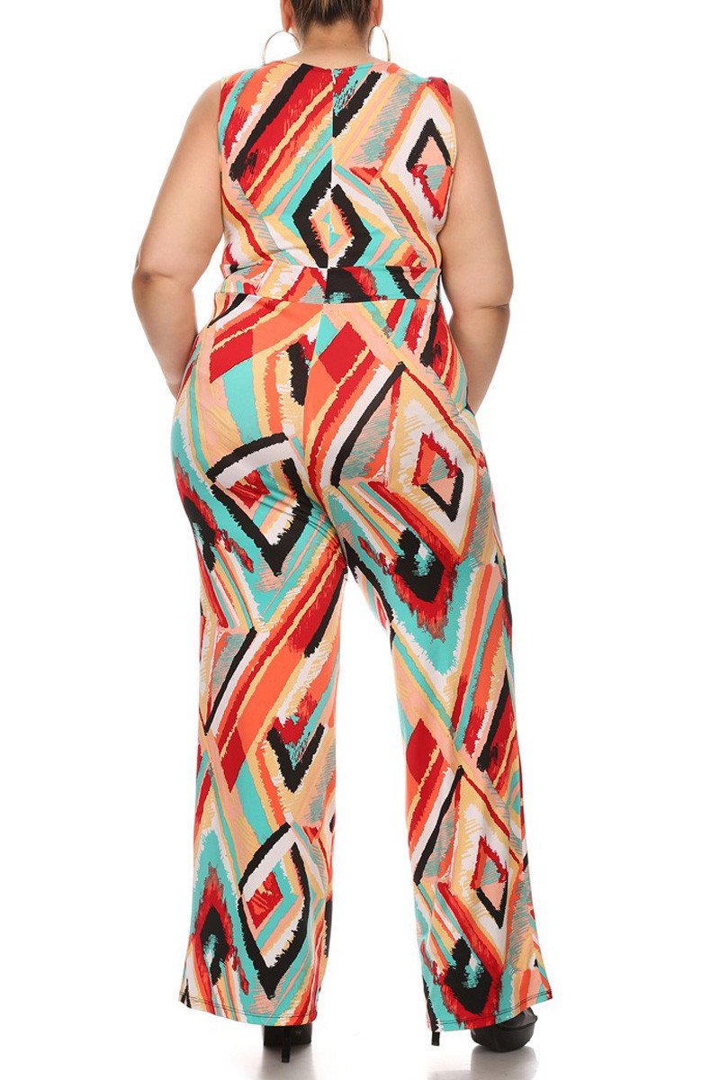 Plus Size Sleeveless Jumpsuit V-neck Side Pockets And Wide Legs