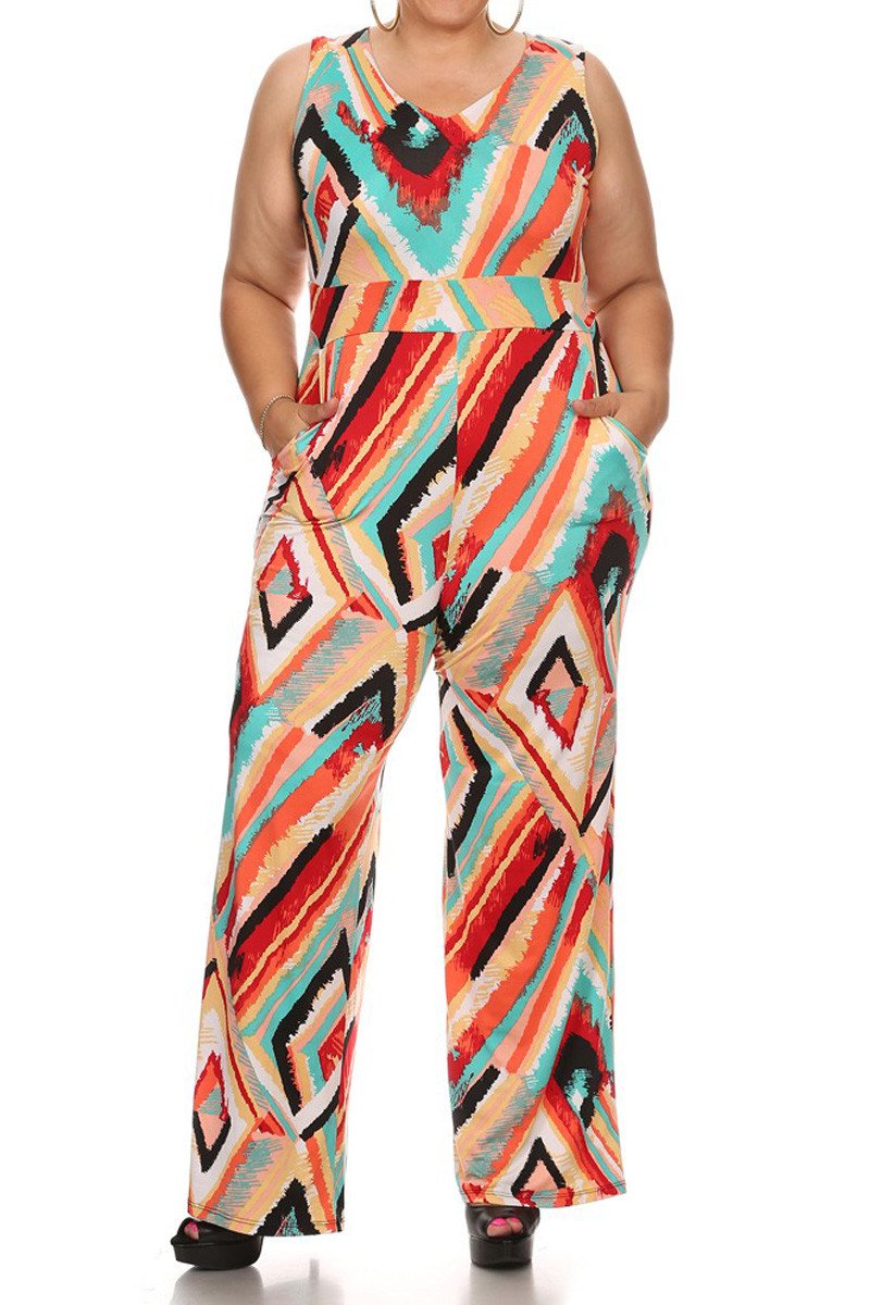 Plus Size Sleeveless Jumpsuit V-neck Side Pockets And Wide Legs