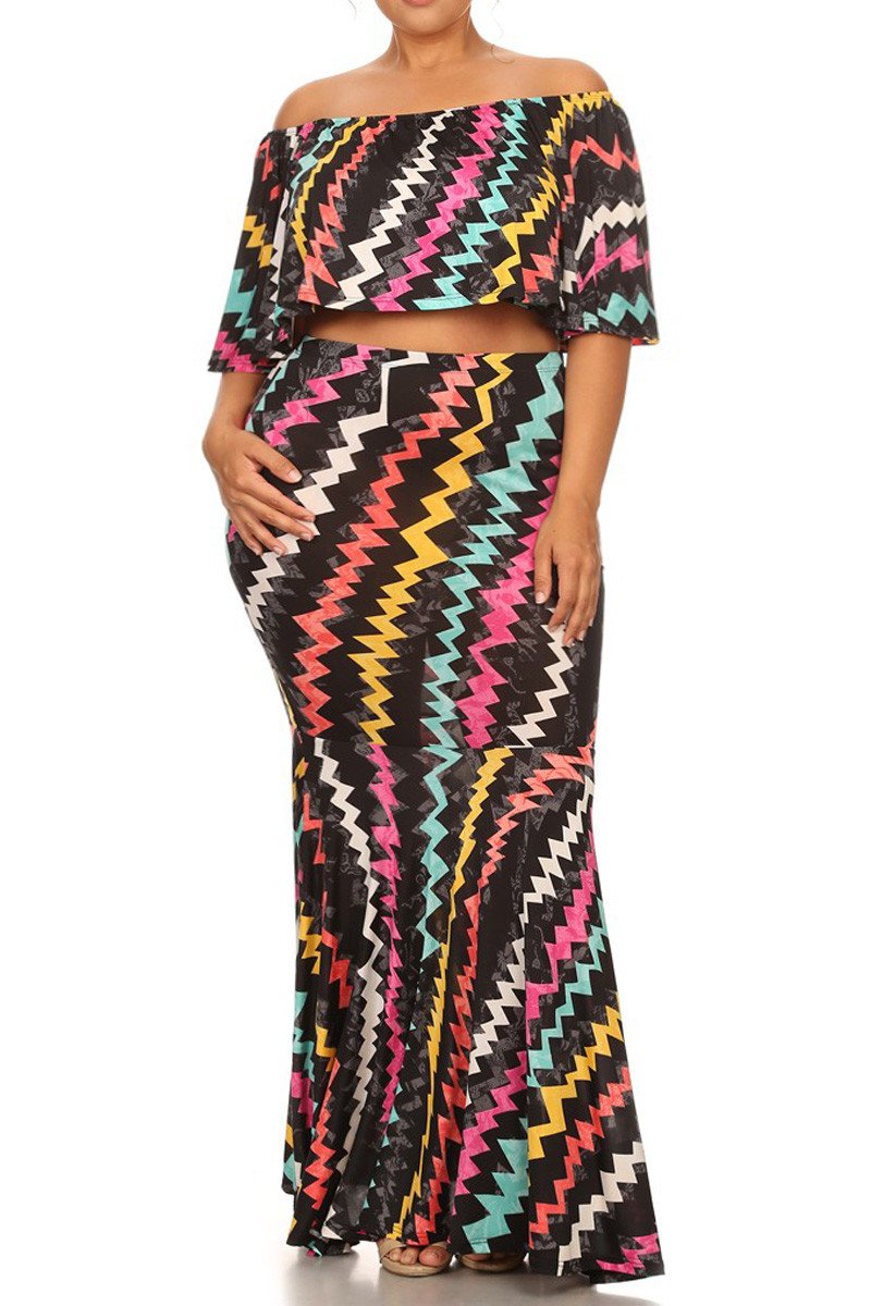 Vivid Zigzag Print Crop Top Plus SizeMaxi Skirt Set