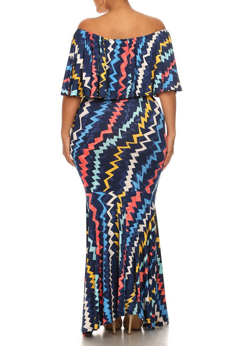 Vivid Zigzag Print Crop Top Plus SizeMaxi Skirt Set
