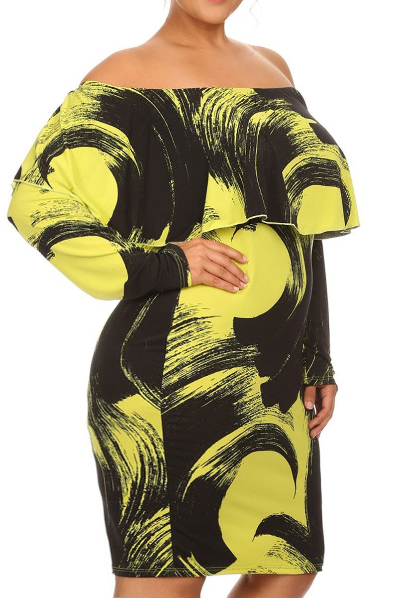 Vibrant Paint Strokes Off Shoulder Plus Size Dress
