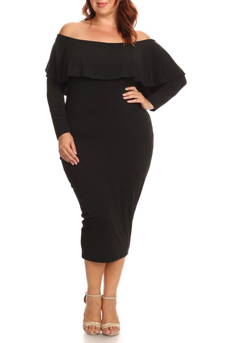 Plus Size Solid Long Sleeve Off The Shoulder Midi Bodycon Dress