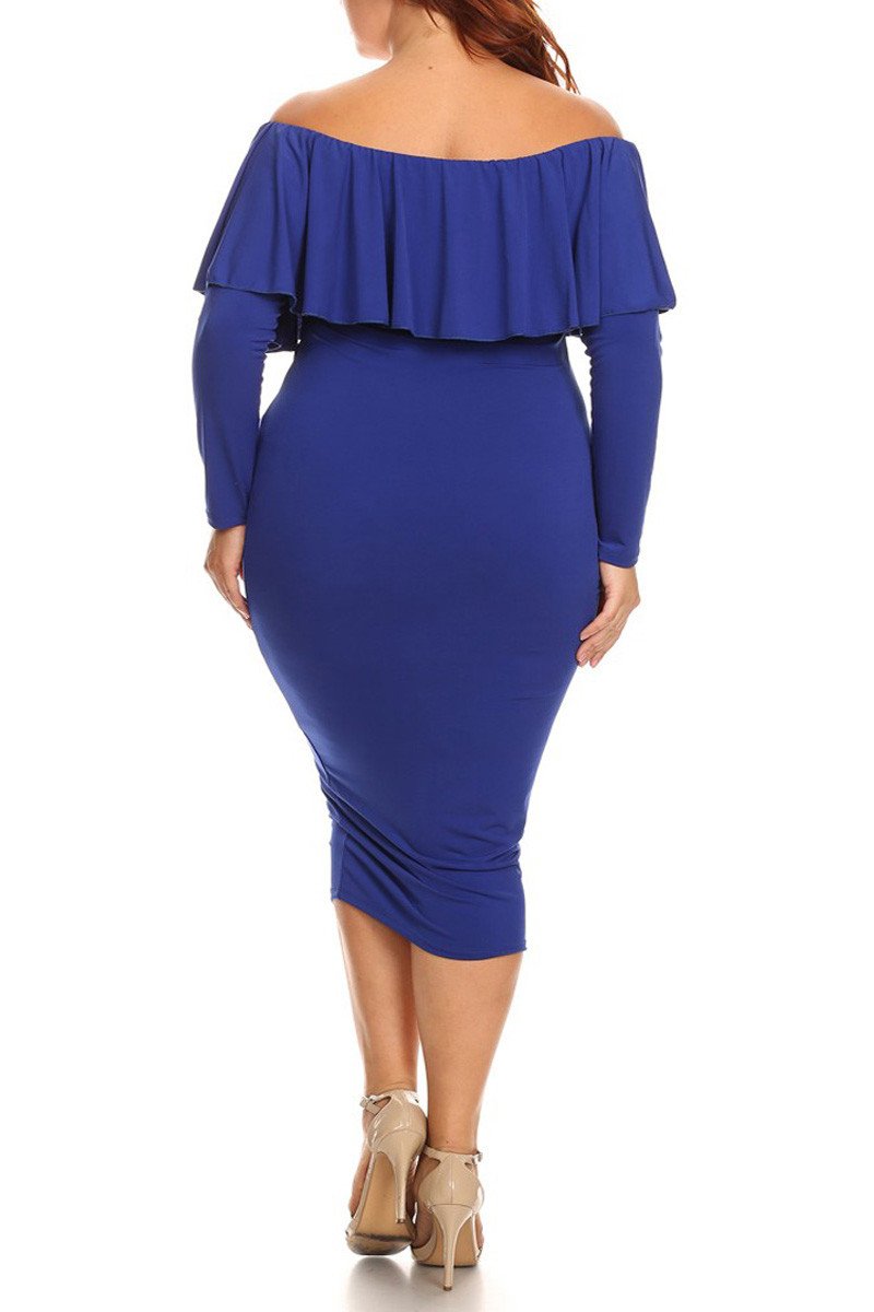 Plus Size Solid Long Sleeve Off The Shoulder Midi Bodycon Dress