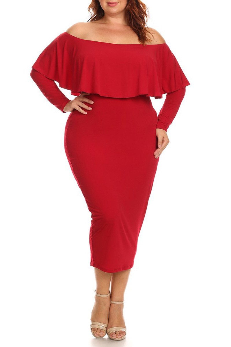 Plus Size Solid Long Sleeve Off The Shoulder Midi Bodycon Dress