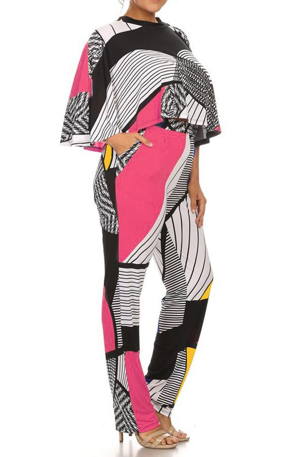 Plus Size Print 2 Piece Top And Pants Set Relaxed Style