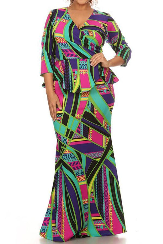 Plus Size Colorful Fashionista Peplum Maxi Dress