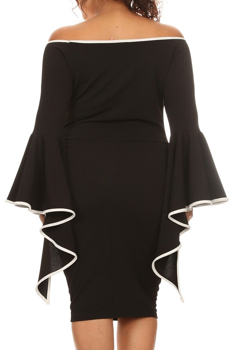 Plus Size Solid Off Shoulder Midi Dress Long Flutter Sleeves