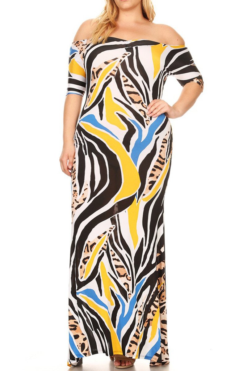 Plus Size Off Shoulder Colorful Zebra Sweetheart Maxi Dress