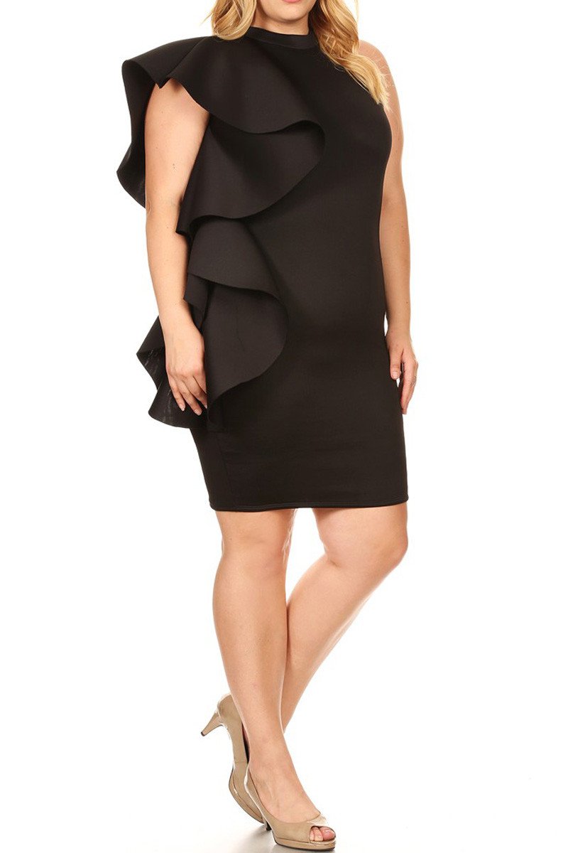Plus Size Ruffle Side Trim Scuba Dress [SALE]