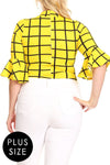 Plus Size Mod Grid Bell Sleeve Bodysuit Top