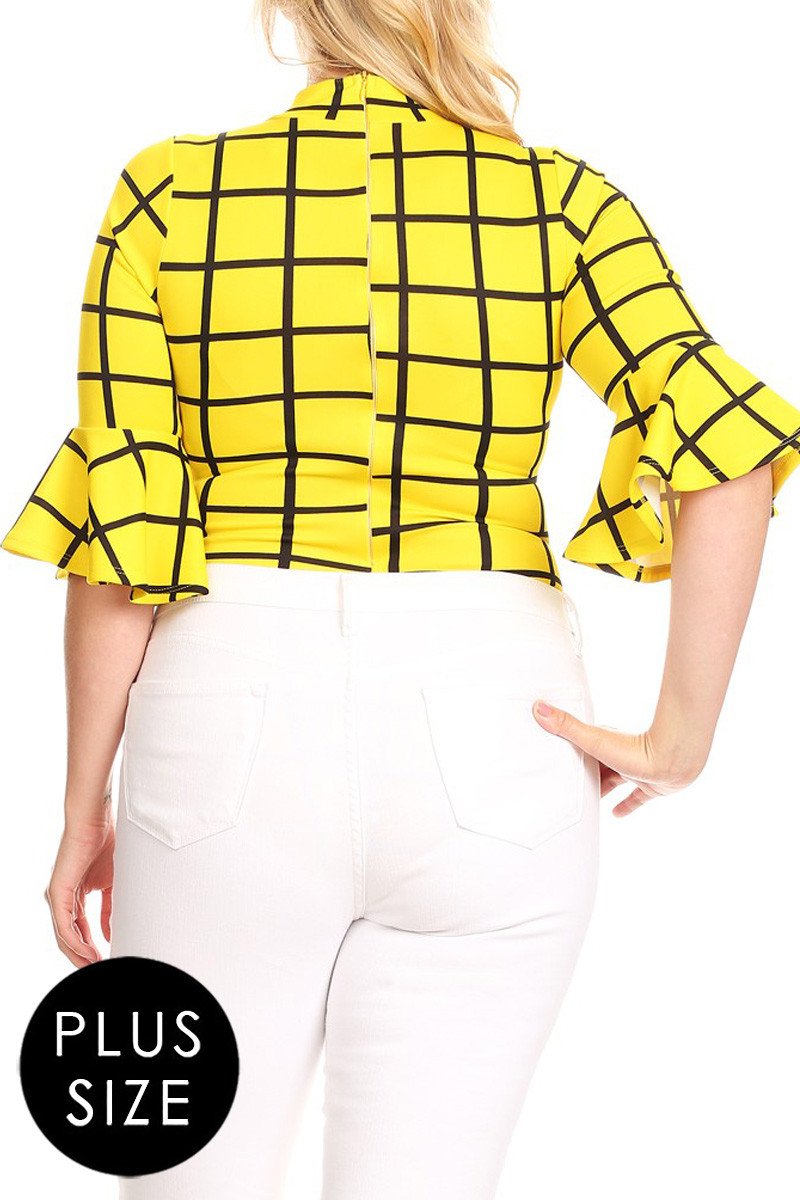 Plus Size Mod Grid Bell Sleeve Bodysuit Top