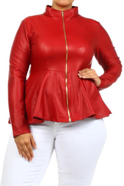 Plus Size Leather Mock Collar Peplum Jacket