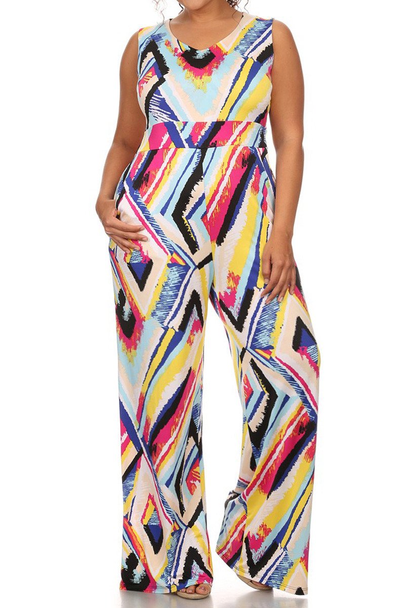 Plus Size Sleeveless Jumpsuit V-neck Side Pockets And Wide Legs