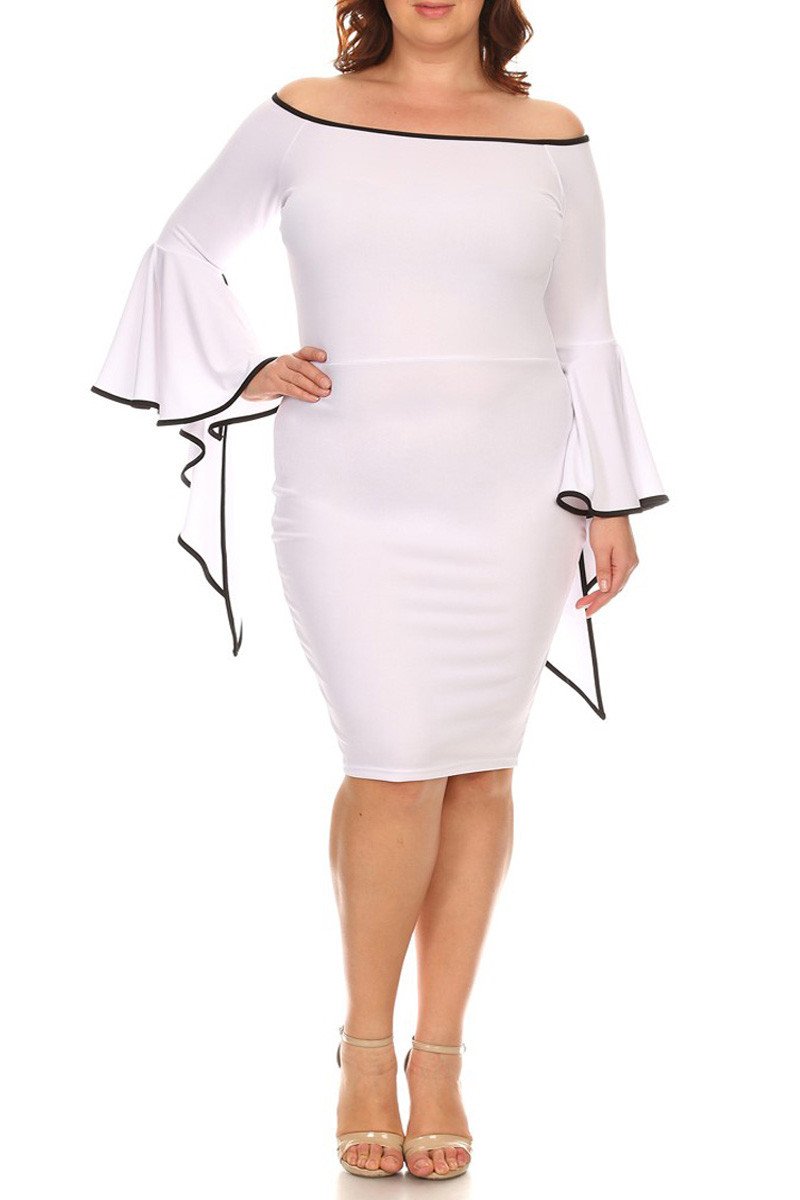 Plus Size Solid Off Shoulder Midi Dress Long Flutter Sleeves