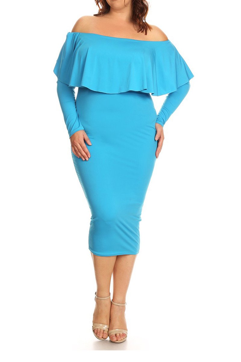 Plus Size Solid Long Sleeve Off The Shoulder Midi Bodycon Dress