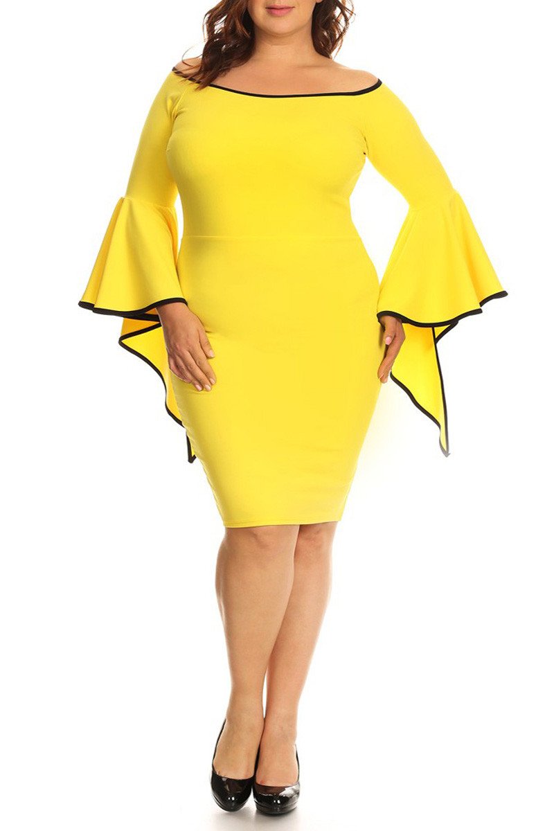 Plus Size Solid Off Shoulder Midi Dress Long Flutter Sleeves