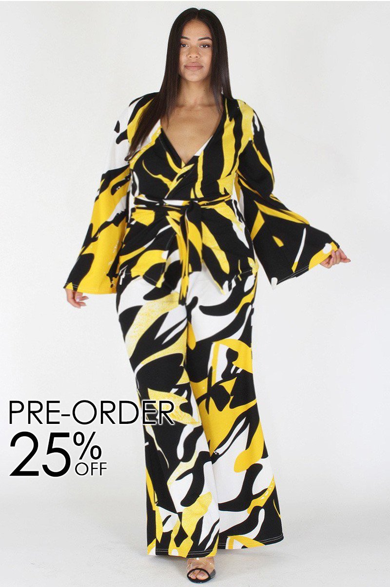 Plus Size Vibrant Abstract Tie Around Top & Wide Leg Set [PRE-ORDER 25% OFF]