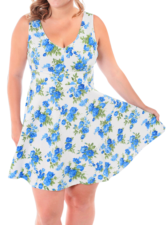 Plus Size Floral Eminence Blue Skater Dress