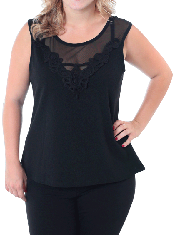 Plus Size Lovely Mesh Crochet Black Top