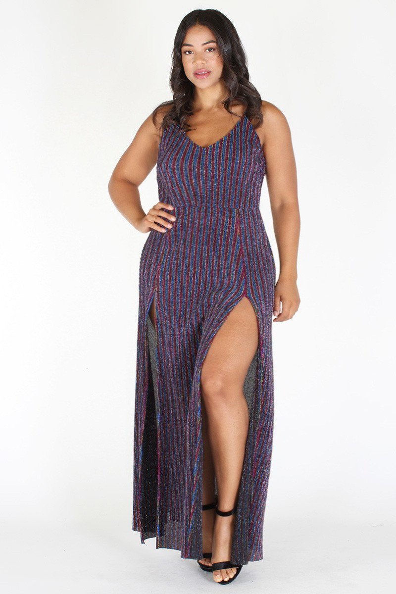 Plus Size Textured Multi Color Stripe Slit Maxi Dress [PRE-ORDER 25% OFF]