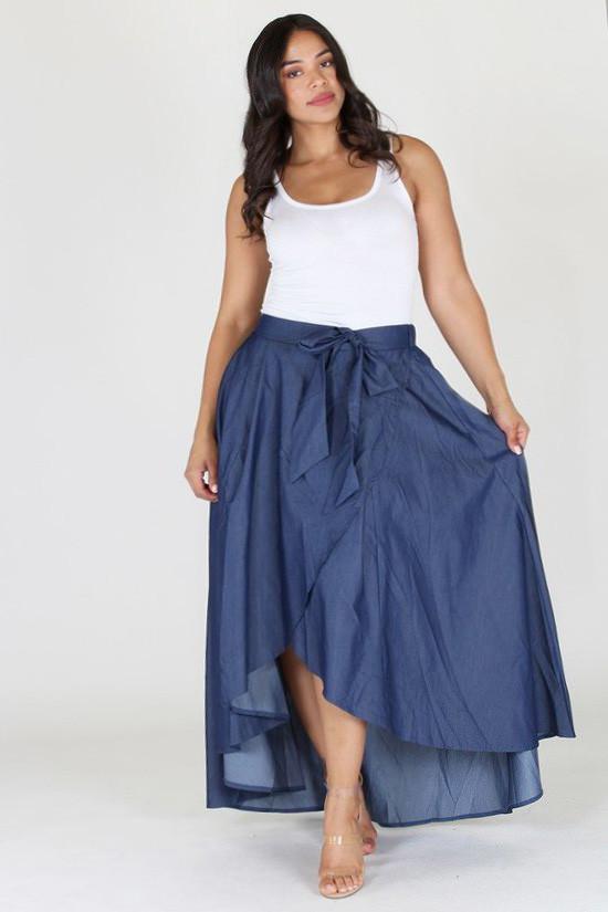 Plus Size Ribbon Tie Denim Drape Skirt