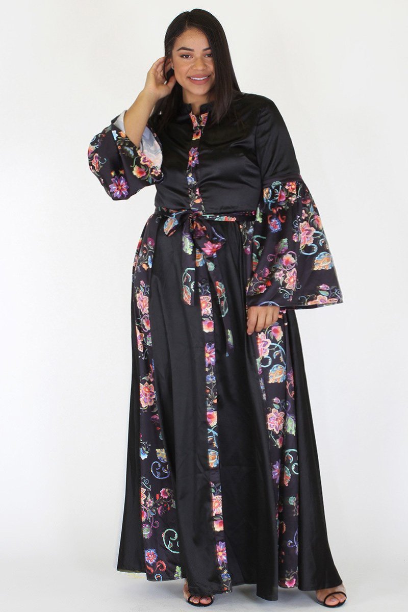 Plus Size Satin Queen Floral Embroidery Wrap Maxi Dress