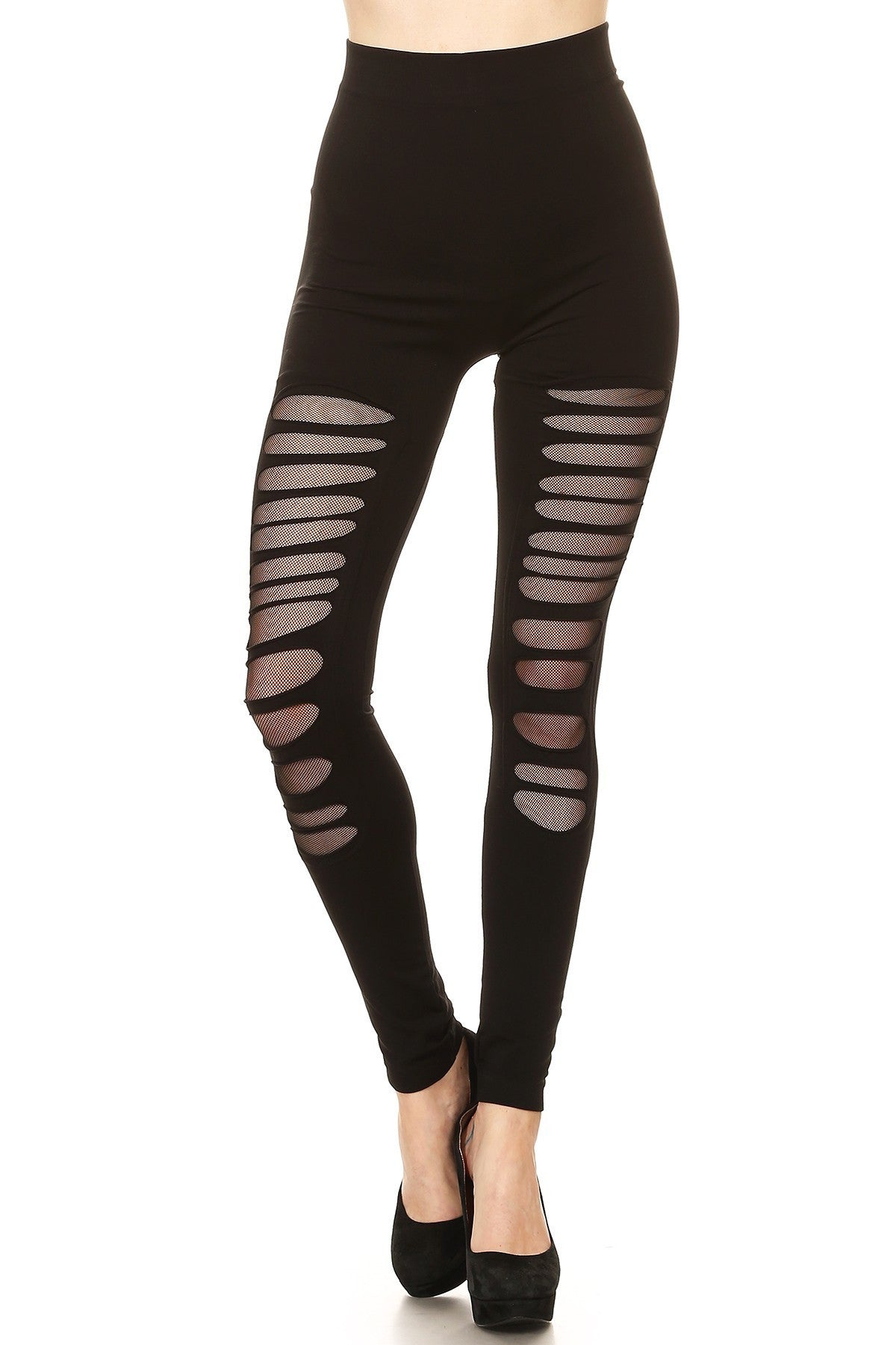 Solid Front Mesh Trimmed Cutout Detailed Leggings