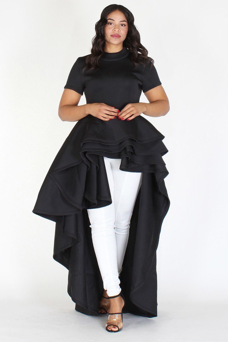 Plus Size Glam Short Sleeve Hi Low Tiered Black