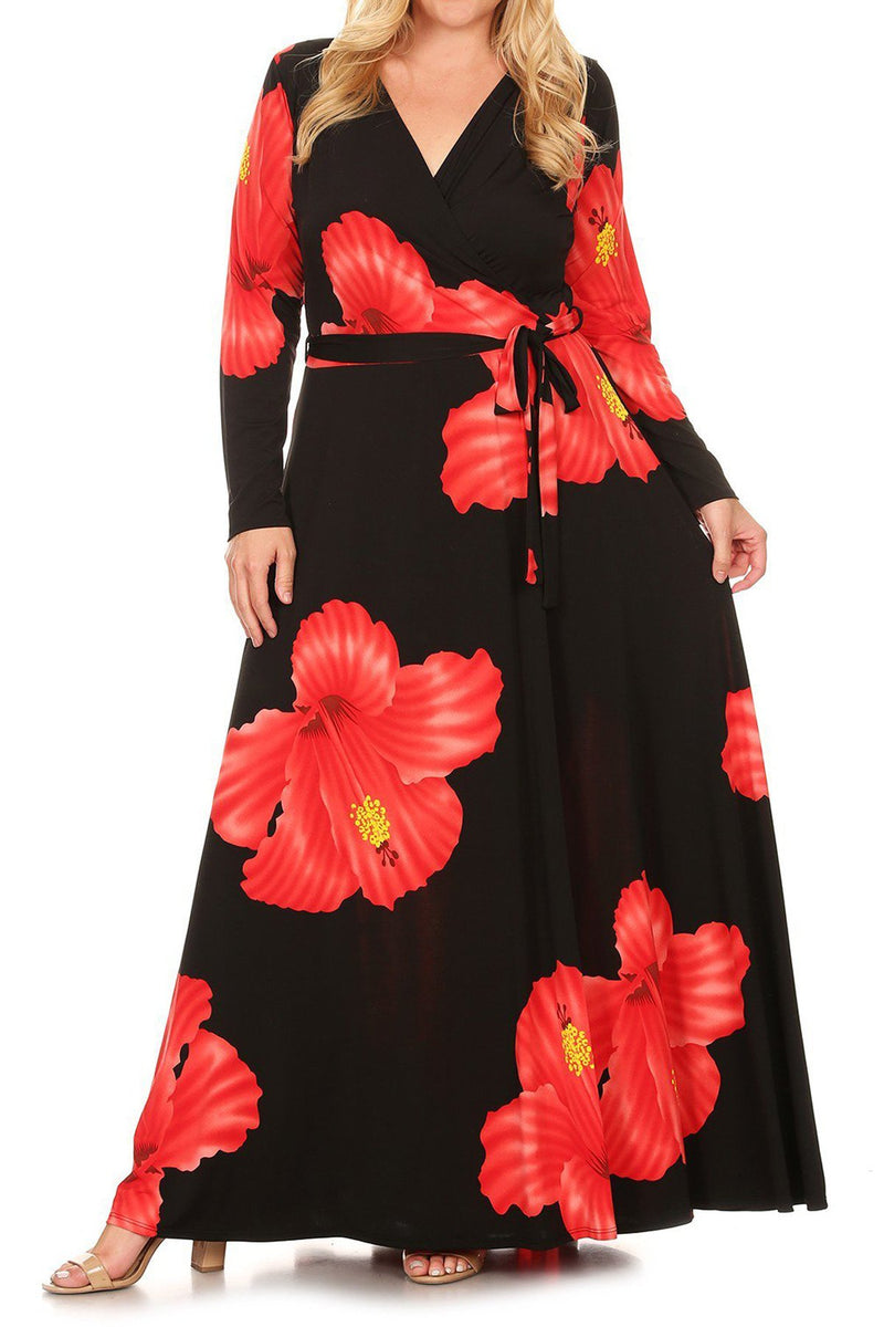 Plus Size Vibrant Gorgeous Floral V Neck Waist Tie Maxi Dress [SALE]