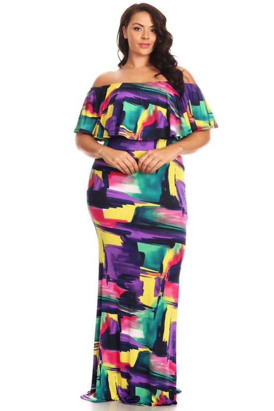 Plus Size Colorful Water Color Off Shoulder Maxi Dress