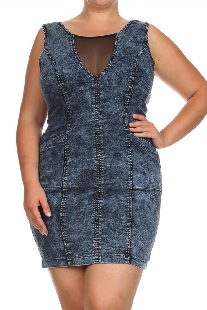 Plus Size Sexy Acid Wash Denim Mesh Dress