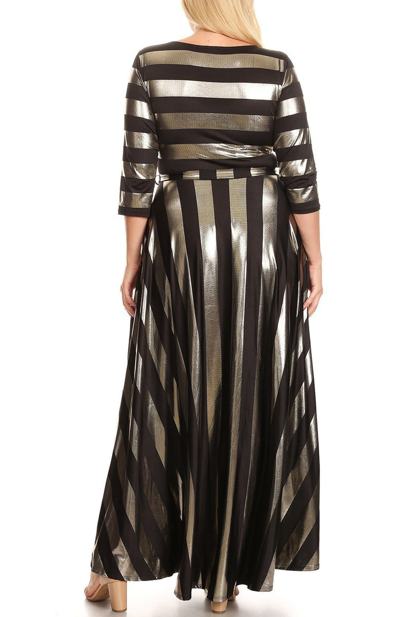 Plus Size Shimmering Gold Waist Tie Long Sleeve Maxi Dress