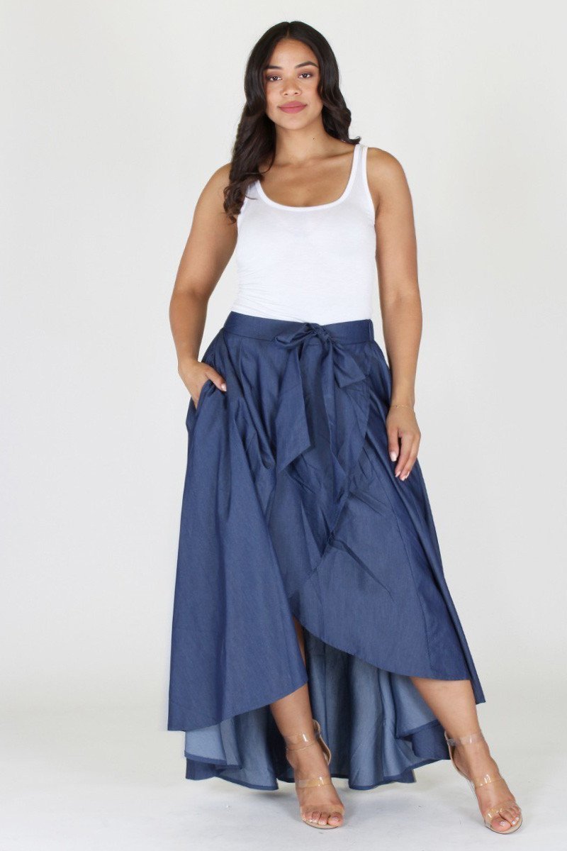 Plus Size Ribbon Tie Denim Drape Skirt