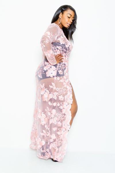 Plus Size Gorgeous See Through Floral Open Slit Maxi Dress