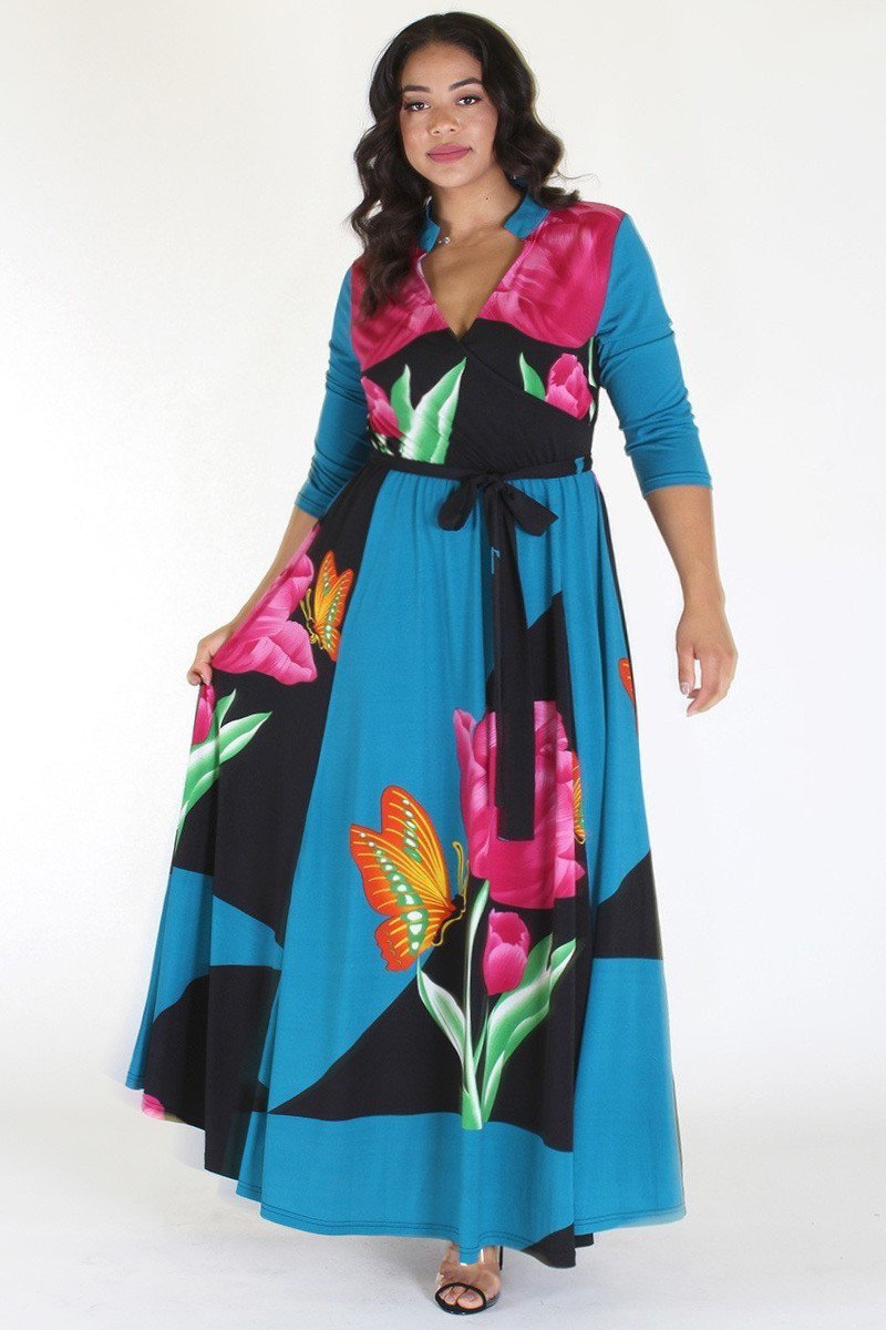 Plus Size Butterfly Tropical Ribbon Tie Maxi Dress [SALE]