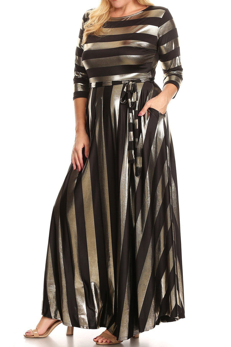 Plus Size Shimmering Gold Waist Tie Long Sleeve Maxi Dress