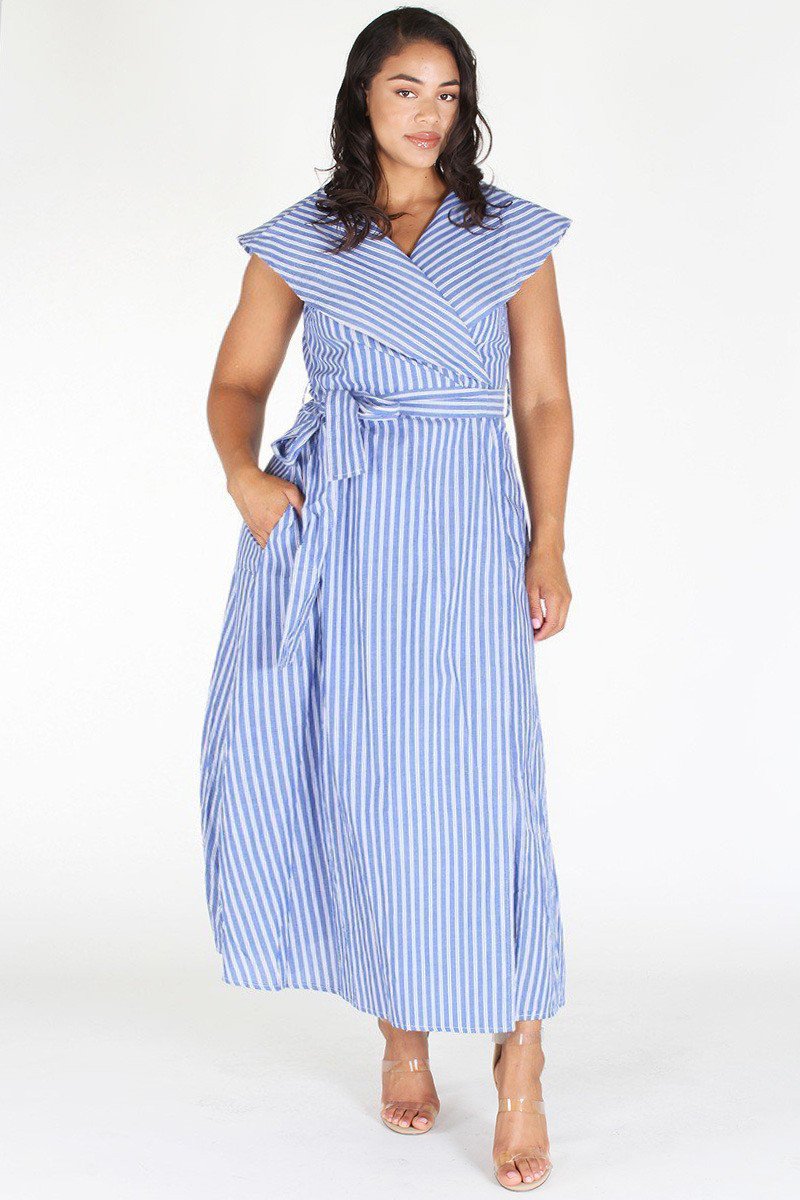 Plus Size Shawl Collar Ribbon Tie Stripe Maxi Dress [PRE-ORDER 25% OFF]