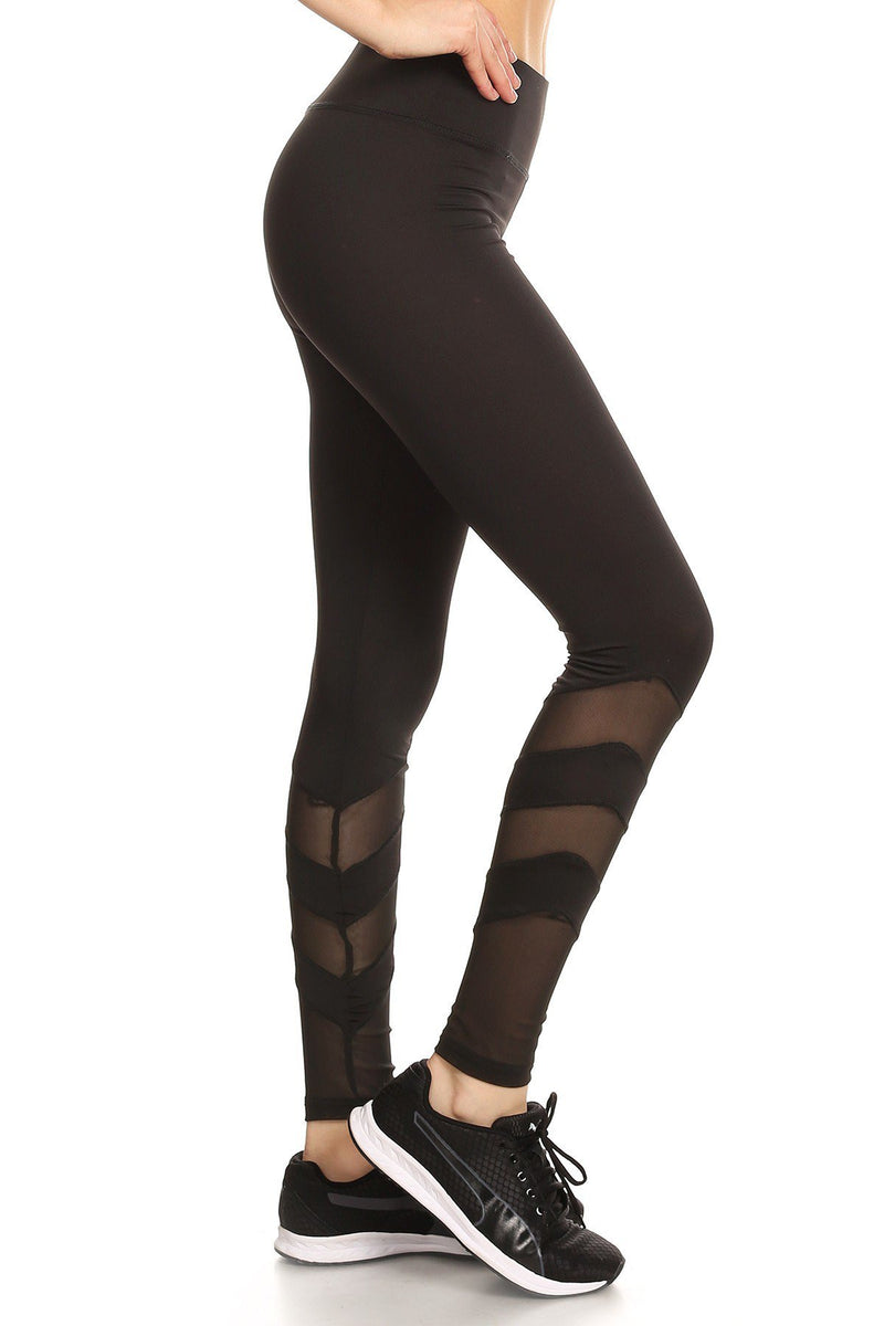 Solid Elastic Waist Mesh Panel Leggings