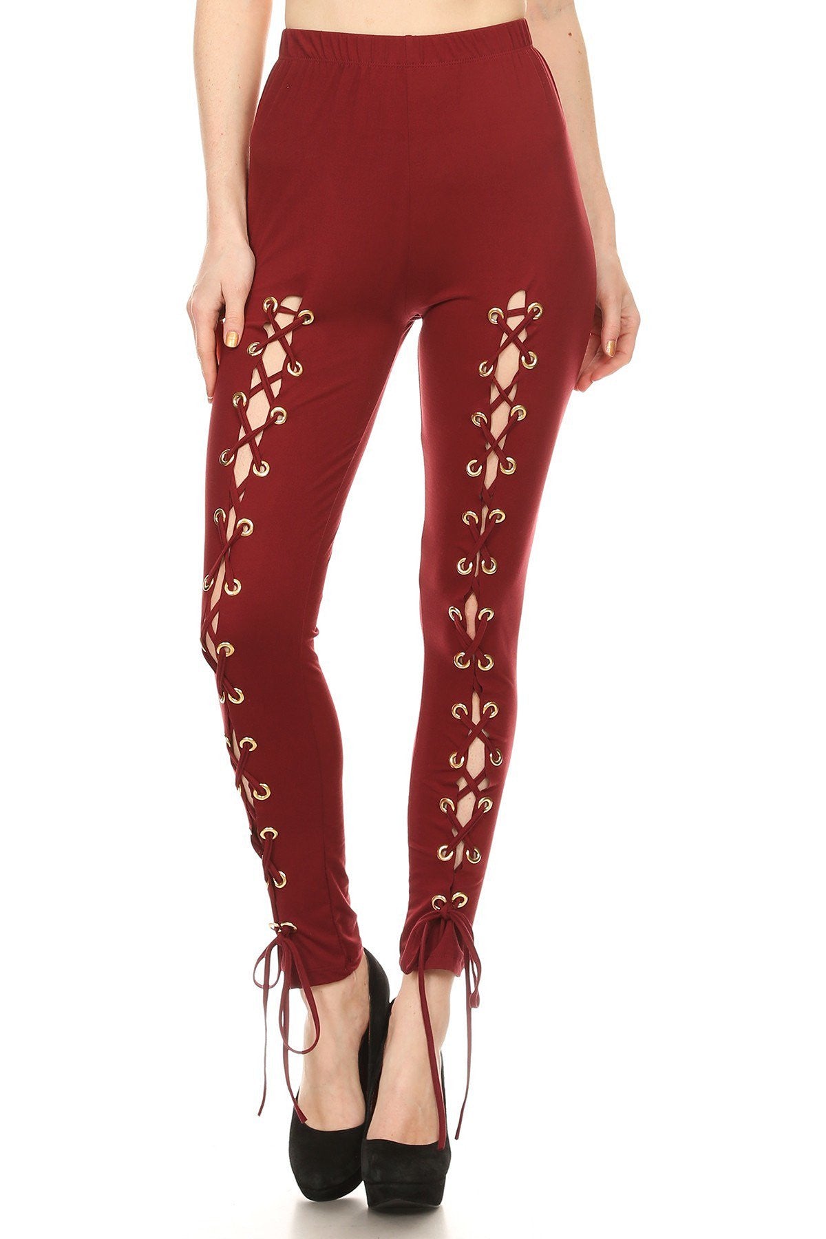Solid Front Open Lace-up Eyelet Detailed Full Leggings