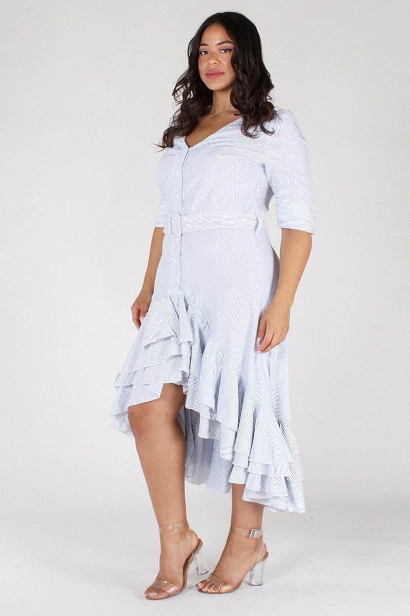 Plus Size Striped Sweetheart Ruffled Skirt Belted Dress [PRE-ORDER 25% OFF]