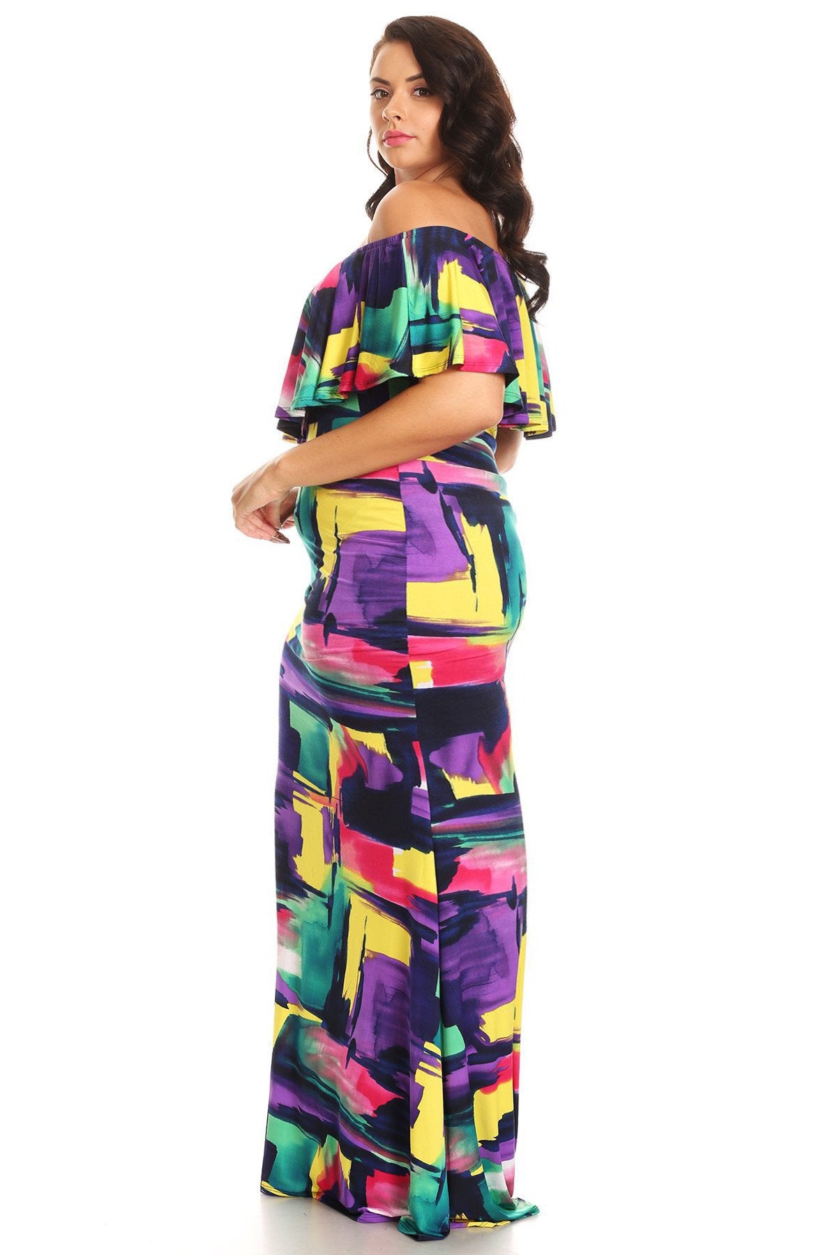 Plus Size Colorful Water Color Off Shoulder Maxi Dress