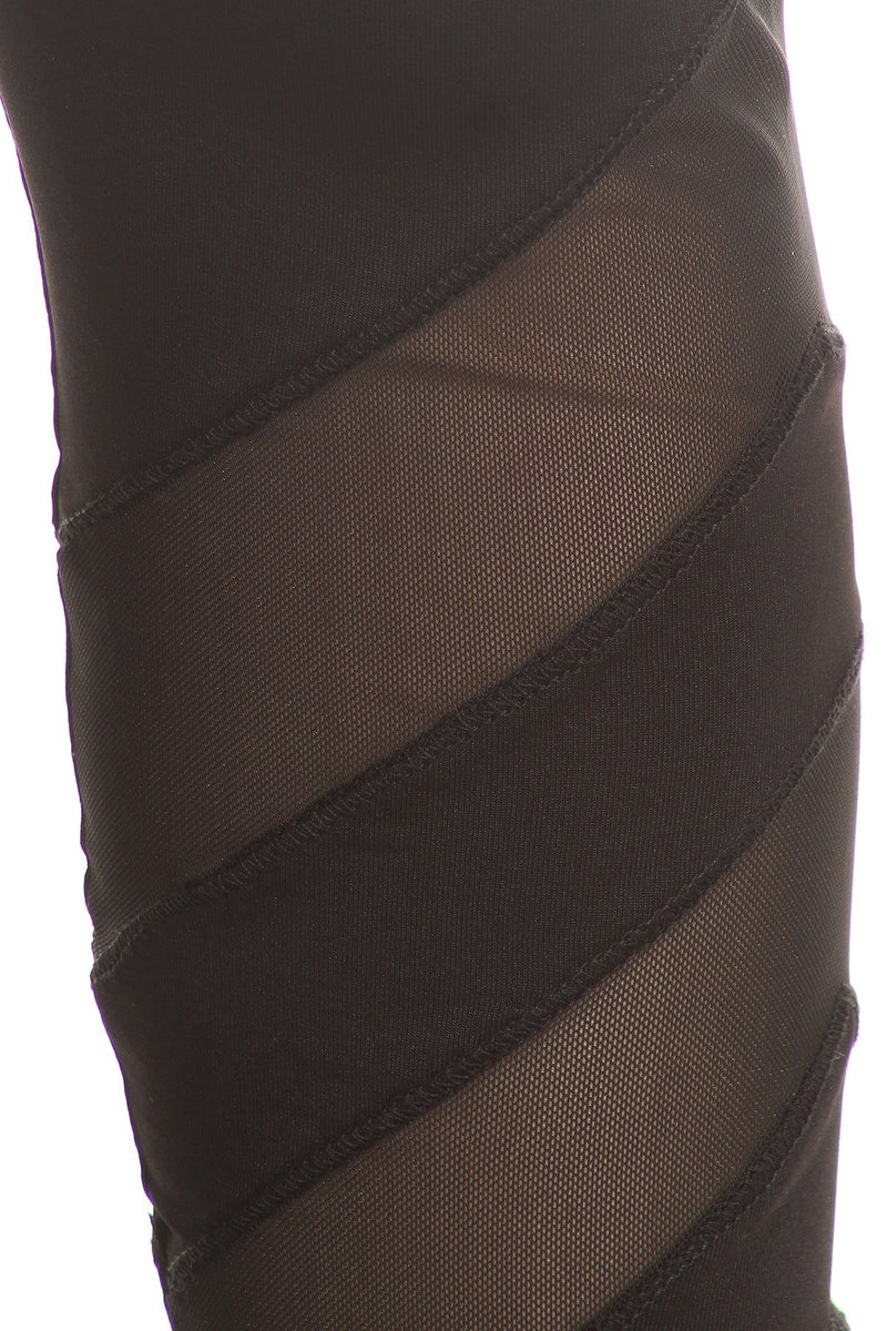 Solid Elastic Waist Mesh Panel Leggings