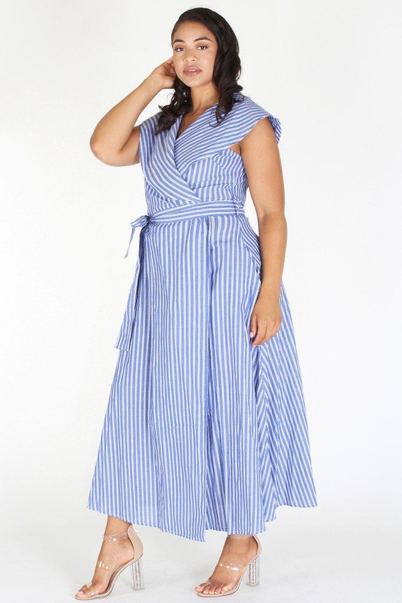 Plus Size Shawl Collar Ribbon Tie Stripe Maxi Dress [PRE-ORDER 25% OFF]