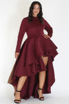 Plus Size Long Sleeve Glam Hi Low Tiered Dress Burgundy