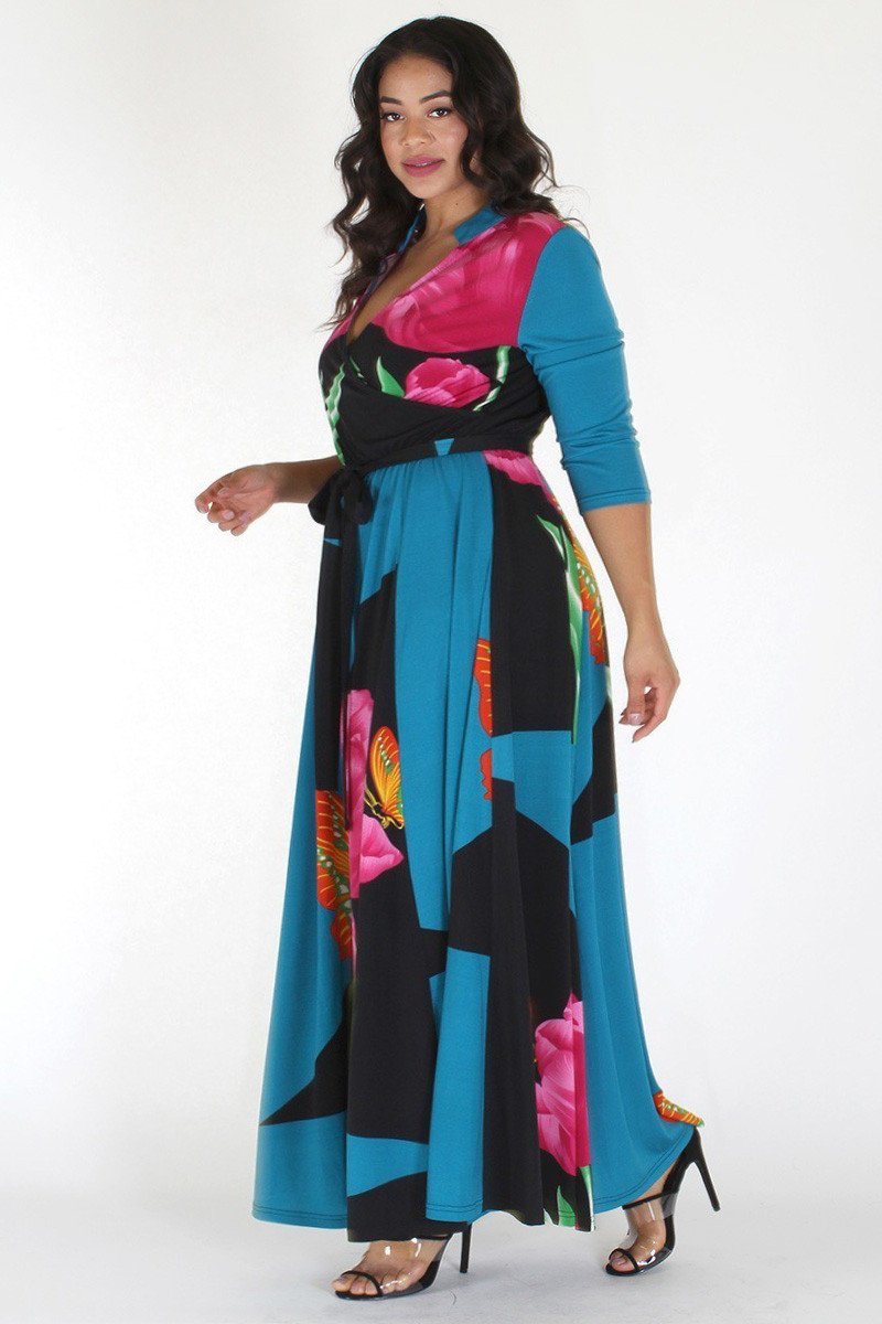 Plus Size Butterfly Tropical Ribbon Tie Maxi Dress [SALE]