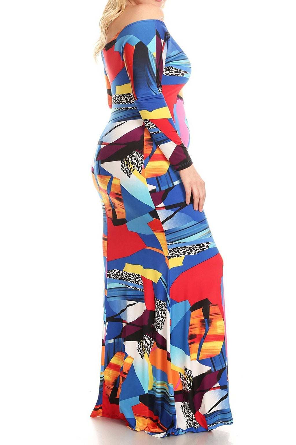 Plus Size Colorful Abstract Off Shoulder Maxi Dress