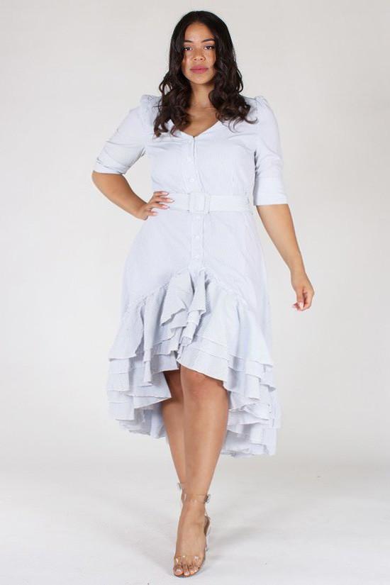 Plus Size Striped Sweetheart Ruffled Skirt Belted Dress [PRE-ORDER 25% OFF]