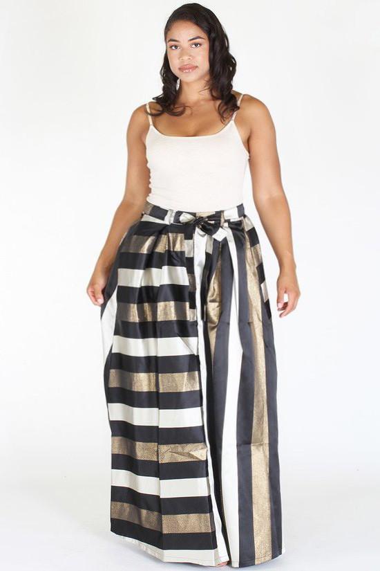 Plus Size Sparkling Stripe Ribbon Tie Maxi Skirt