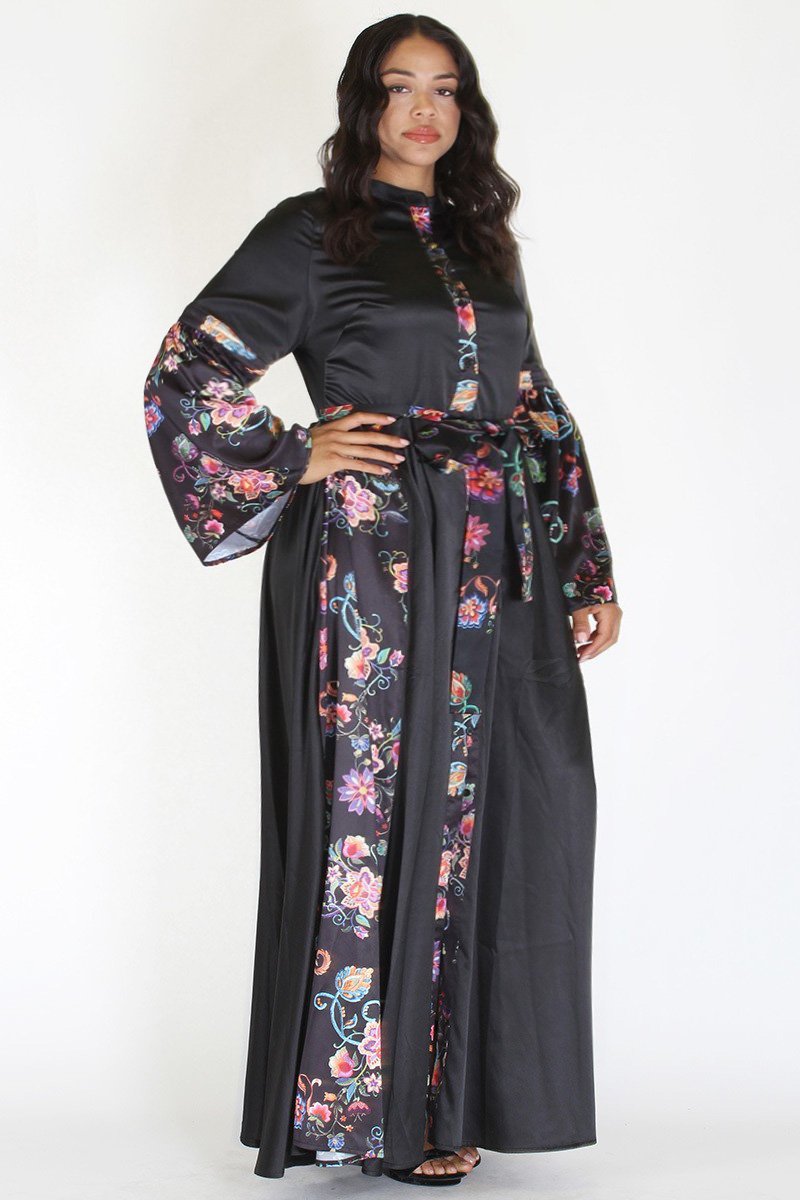Plus Size Satin Queen Floral Embroidery Wrap Maxi Dress